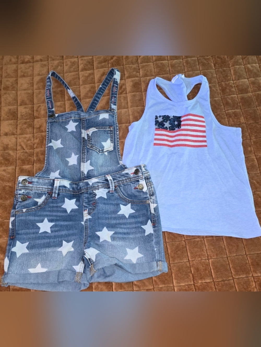 Cat & Jack Star Overall Shorts & GAP Flag Tank Set Girls M 7/8 8